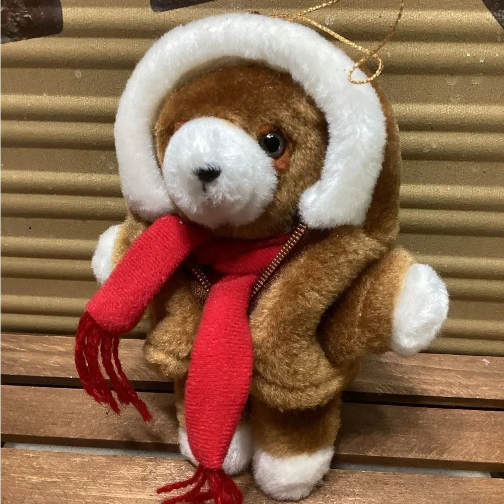 Avon Vintage Mini Plush Puppy Dog Ornament with Brown Coat & Scarf
